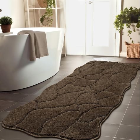 PRICES MAY VARY. 【UNIQUE WAVE DESIGN BATH MAT】: Bsicpro bathroom rug designed with wave edges, compared to the regular rectangle rugs on market, our irregular and dynamic shape bath mat have a more decoratirve styles. Combined with the ups and downs wave texture microfiber, making the bath rug more fashionable and experiential. It is a perfect choice to embellish your bedroom living and home decor. 【PATENTED NON-SLIP BATHROOM RUGS 】: The shower mat is made of patented anti- slip backing with hig Spanish Bathroom Decor, Large Bathroom Decor, Black And Tan Bathroom, Bathroom Rugs Ideas Master, Bathroom Mats Decor Bath Rugs, Bathroom Mats Decor, Bathroom Rug Ideas, Wave Edges, Bathroom Rug Decor