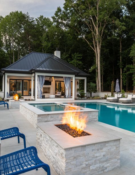 White Pool House Exterior, New Build Pool Ideas, Modern Farmhouse Backyard With Pool, Guest House Exterior Ideas, Big Backyard Patio Designs With Pool, Large Pool House Ideas, Pool And Guest House Ideas, Back Porch Ideas With Pool, Backyard Deck Ideas With Pool