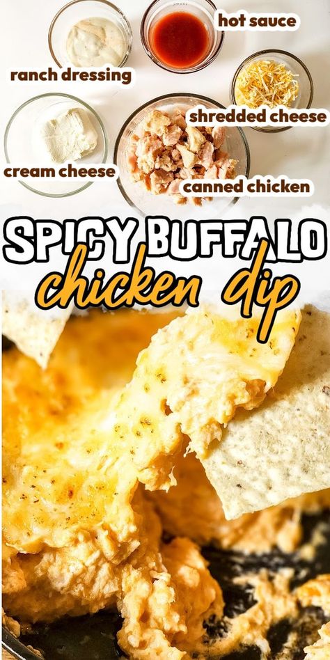 Easy Chicken Buffalo Ranch Dip Chicken Dip Canned Chicken, Canned Chicken Dip, Buffalo Chicken Dip Canned Chicken, Hot Dips For Parties, Buffalo Chicken Dip With Ranch, Best Hot Dip, Hot Dips For Parties Appetizers, Creamy Buffalo Chicken Dip, Spicy Chicken Dip