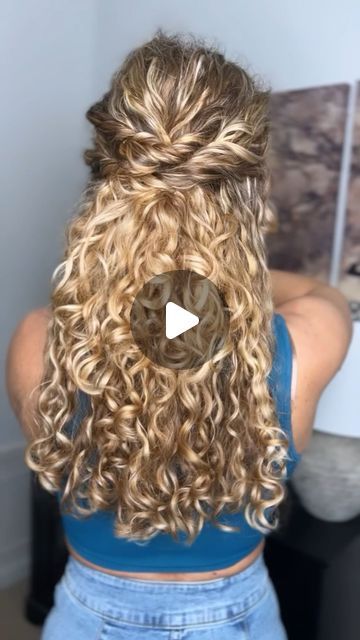 Candace Stuller on Instagram: "Twisted Half Up Hairstyle ⁣ ⁣ Yes or no?! Recreating an old style. Perfect for a formal event. Save to try later!⁣ ⁣ *Twist and pull at each section to make it appear larger. Stack underneath and pin as needed! ⁣ ⁣ #formalhairstyle #curlyupdo #halfuphalfdown #hairtutorial" Hair Updo Half Up Half Down, Hair Up For Curly Hair, Wedding Hairstyle For Natural Curly Hair Half Up Half Down, Half Up Curly Hairstyles Tutorials, Half Up Hair For Curly Hair, Naturally Curly Half Up, Curly Event Hairstyles, Curly Hairstyles For A Wedding Guest, Halfup Halfdown Hairstyle Curly