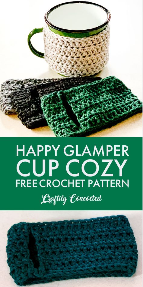 Free Crochet Pattern - Happy Glamper Mug Cozy Mug Cozy Crochet, Cup Cozy Crochet, Cup Cozy Crochet Pattern, Mug Cozy Pattern, Happy Glamper, Crochet Mug Cozy, Crochet Coffee Cozy, Crochet Cup Cozy, Crochet Mignon