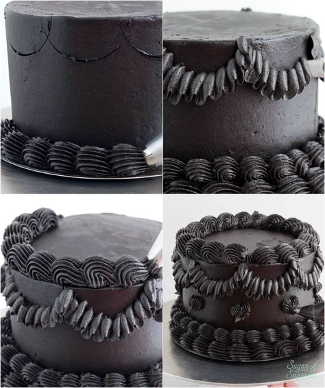 Black Velvet Halloween Cake, Black Butter Cream Frosting, Black Lambeth Cake, Gothic Baking, Black Cake Design, Dracula Cake, Black Vintage Cake, Black Chocolate Cake, Black Velvet Cake Recipe