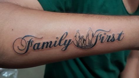 Family Comes First Tattoo, Family First Tattoo Designs, Family Forearm Tattoo Men, Family Over Everything Tattoo Men, Family First Tattoo For Men, Family Tattoos For Men Symbolic, Family Over Everything Tattoo, Family First Quotes, Family First Tattoo