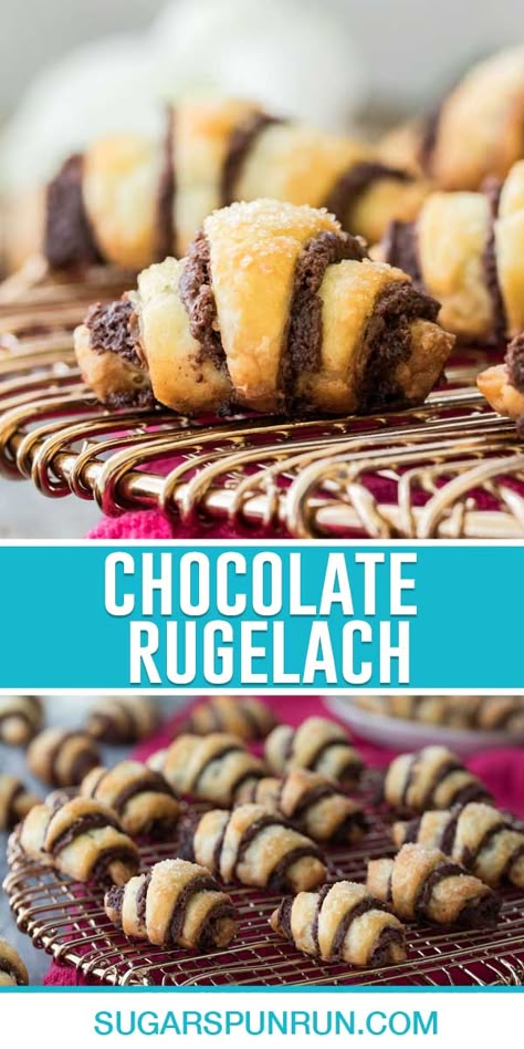 Chocolate Rugelach, Rugelach Cookies, Rugelach Recipe, Cream Cheese Pastry, Snickers Cheesecake, Cheese Pastry, Jewish Recipes, Chocolate Filling, Idee Pasto Sano