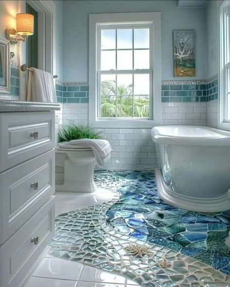 Island Theme Bathroom, Pool Bathroom Tile Ideas, Sea Green Bathroom Ideas, Coastal Bathroom Floor Tile, Bathroom Floor And Wall Tile Ideas, Bathroom Sea Theme, Interesting Bathrooms, Blue Mosaic Tile Bathroom, Sea Bathroom Ideas