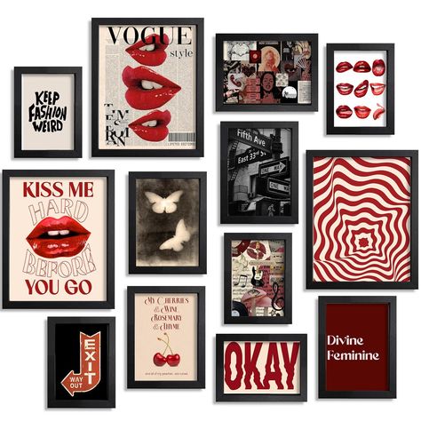 Girly Grunge Decor, Dark Room Wall Decor, Rocker Room Decor, Red Decor For Bedroom, Picture Mural Photo Walls, Bedroom Decor Art Deco, Red And Gold Room Decor, College Living Room Decor Ideas, Bedroom Photo Collage Wall