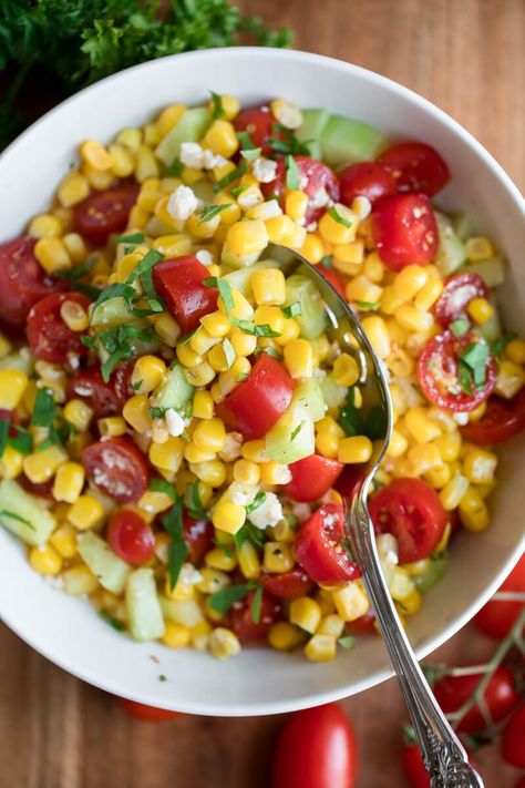 Apple Cider Dressing, Corn And Tomato Salad, Cucumber Basil, Corn And Tomato, Corn Tomato Salad, Avocado Tomato Salad, Creamy Potato Salad, Corn Salad Recipes, Pecan Salad