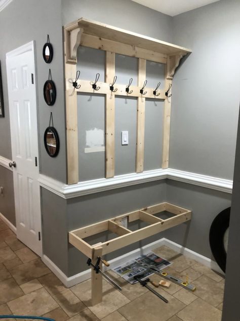 Stop And Drop Mudroom, Entrance Closet Remodel, Mud Room Ideas Apartment, Small Mud Room Cubby Ideas, Hallway Ideas With Storage, How To Build A Hall Tree Entryway, Diy Mud Room Coat Rack, Locker Room Entry Way, Split Entry Shoe Storage