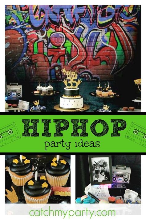 Check out this cool West Coast 90's HipHop birthday party! The decor is awesome! See more party ideas and share yours at CatchMyparty.com #catchmyparty #partyideas #90sbirthdayparty #hiphopbirthdayparty #hiphopdesserttable #grownupbirthdayparty #hiphop #westcoasthiphop #mixtape 40 Themed Birthday Party, Hiphop Theme Birthday Party, Throwback Party Decorations, Diy Hip Hop Party Decorations, Hip Hop Birthday Party Ideas For Adults, Hip Hop Party Food, Hip Hop Party Ideas, Hip Hop Party Theme Decoration, 90s Hip Hop Birthday Party