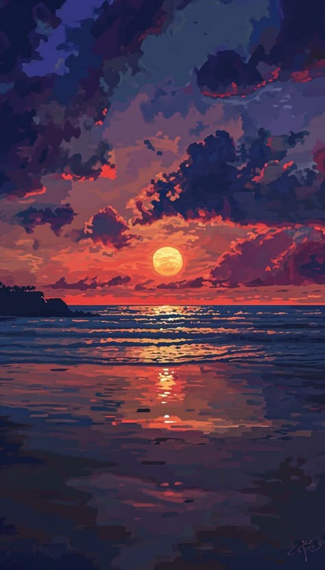 How To Draw Sunset Clouds, Sea Sunset Drawing, Sunset Sky Drawing, Sunset Illustration Art, Sunset Clouds Painting, Sunset Reference, Ocean Digital Art, Sunset Ocean Painting, Festival Painting