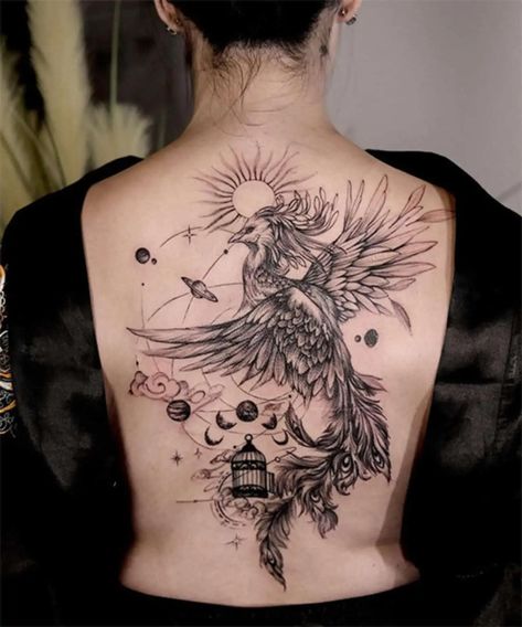 Full Back Phoenix Tattoo Women, Full Back Phoenix Tattoo, Whole Back Tattoo Women, Woman Back Tattoo Ideas, Phoenix Tattoo Women, Phoenix Back Tattoo, Front Neck Tattoo, Tato Minimal, Nyc Tattoo