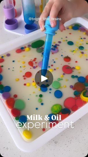 171K views · 4.5K reactions | We loved this cool and colorful Oil & Milk density Experiment! 🙌🏻  Comment “GET” for a 🔗 to a similar Test Tube and droppers stand set.   (Our colored test tubes are from @lovevery and our animal droppers are from @curious_columbus )  MATERIALS you’ll need for this experiment:  👉🏼 Tubes  👉🏼 Droppers  👉🏼 A tray  👉🏼 Milk  👉🏼 Oil  👉🏼 Food coloring   HOW TO:  👉🏼 Pour a small amount of milk in a test tube  👉🏼 Add a few drops of food coloring to the milk and mix  👉🏼 Pour oil into a tray  👉🏼 Use the droppers to drop the colored milk on the oil  👉🏼 Notice the beautiful colored dots forming.  Your little one will be mesmerized by the colored milk that doesn’t spread or mix with the oil.   DISCUSSION:  💫 Talk about the two liquids (colored milk Milk And Oil Experiment, Food Coloring Crafts, Milk Experiment, Density Experiment, Milk Color, Test Tubes, Easy Science, Preschool Science, Science Experiment