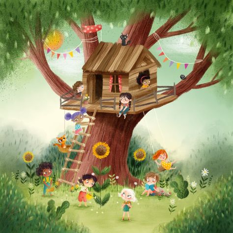 Treehouse. I don't think I'd drawn one before, so gave it a go - one of those illustrations I was happy to spend ages on, just adding & adding to it. I did it a while ago, and was waiting for the 'right time' to post it, then I realised, there is no right time on instagram anymore 😂😢Anyways, happy friday! . Did any of you guys ever have a treehouse?? . Swipe to see my sketch and a few close-up details>>> . #illustration #childrensbookillustration #illustrationforchildren #kidlitart #summer... Treehouse Illustration, There Is No Right Time, Details Illustration, Sweet Illustration, Tree Mural, Winter Illustration, Children's Stories, Easy Canvas Painting, House Illustration