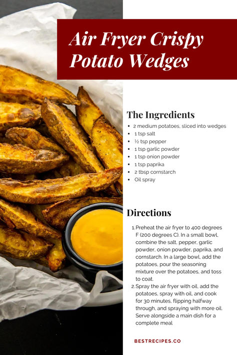 Crispy potato wedges from the air fryer are a healthy take on a traditional snack or side dish. These wedges are made with fresh potatoes, seasoned with herbs and spices, and air-fried until they are perfectly brown. Ideal for dipping into your preferred sauces! | crispy potato wedges | crispy potato wedges air fryer | crispy potato wedges recipe | crispy potato wedges in air fryer | snack recipes | snack recipes easy | air fryer recipes Air Fryer Wedges Recipe, Air Fryer Potato Wedges Recipe, Wedges Recipe Air Fryer, Potatoes Wedges Recipe, Potato Wedges In Air Fryer, Wedges In Air Fryer, Potato Wedges Air Fryer, Air Fryer Snack Recipes, Air Fryer Recipes Salmon