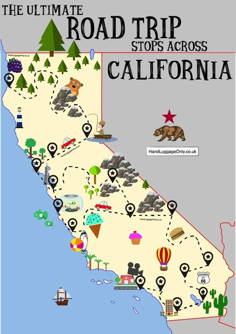 The Ultimate Road Trip Map Of Places To See In California #california #roadtrip #tips Places To Visit In California, Road Trip Stops, California Roadtrip, Road Trip Map, Ultimate Road Trip, Camping Places, West Coast Road Trip, California Vacation, Us Road Trip