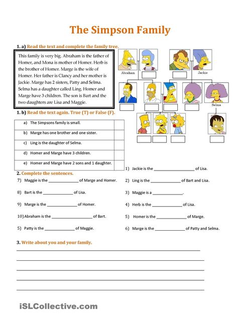 Pin vocabulary Worksheet on Tree Spanish Pinterest Family pdf family members worksheets Simpson Family Exercises, Family Exercise, The Simpsons Family, Simpson Family, Family Tree Worksheet, Family Worksheets, Family Worksheet, Comprehension Exercises, Present Continuous