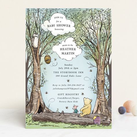 "Disney's Winnie the Pooh in the Wood" - Baby Shower Invitations in Sky by Becky Nimoy. February Baby Showers, Whimsical Baby Shower, Shower Insert, Disney Baby Shower, Vintage Baby Shower, Pooh Baby, Vintage Winnie The Pooh, Bee Baby Shower, Unique Baby Shower