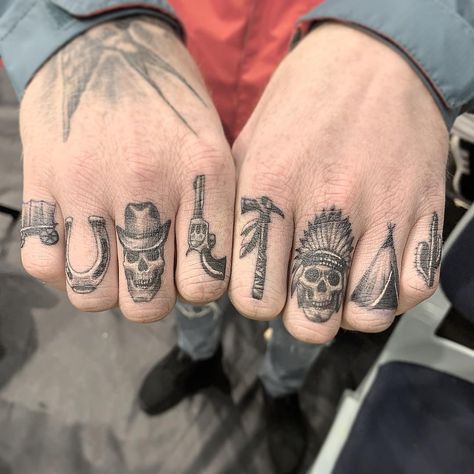 Biker Finger Tattoo, Cowboy Tattoos For Men Forearm, Long Horn Hand Tattoo, 6 Shooter Tattoo, Simplistic Tattoo Sleeve, Western Hand Tattoos For Guys, Cowboy Indian Tattoo, Cowboy Hand Tattoo, Hand Tattoos Western