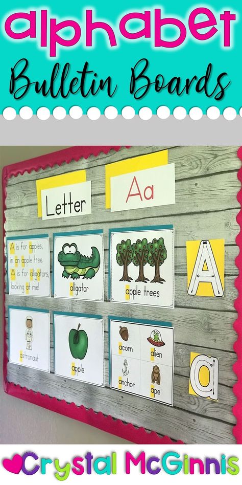 Use alphabet bulletin boards in your preschool, kindergarten, or first grade classroom. Each bulletin board set comes with an alphabet poem, alphabet picture cards, and alphabet formation cards. Change the bulletin board out quickly when you change your letter of the week. This set is perfect for alphabet recognition, alphabet practice, alphabet writing, and more. Kindergarten Boards Ideas, Abc Bulletin Board Ideas Preschool, What We Are Learning Bulletin Board Preschool, Preschool Name Bulletin Board, Kindergarten Academic Bulletin Boards, Letter Of The Week Preschool Board, Letter Bulletin Board Ideas, Preschool August Bulletin Boards, Prek Focus Wall Bulletin Boards