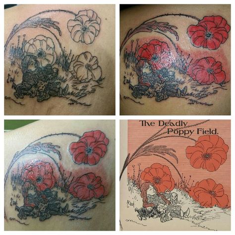 My Wizard of Oz Tattoo Dorothy and Toto sleeping in the Poppy Field from "The Wonderful Wizard of Oz" by L. Frank Baum, illustrated by W. W. Denslow Wizard Of Oz Tattoo, Dorothy And Toto, Oz Tattoo, Flowers Poppy, Wonderful Wizard Of Oz, Ancient Tattoo, On Tattoo, Poppies Tattoo, The Wonderful Wizard Of Oz