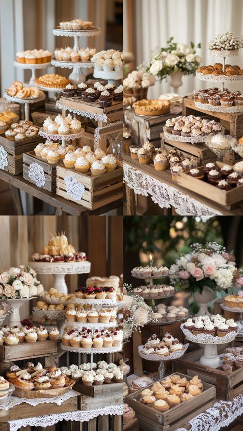 A rustic wedding dessert table beautifully decorated with vintage elements, including wooden crates, lace doilies, and an assortment of delicious treats like cupcakes, pies, and cookies. Tuscan Wedding Dessert Table, Wedding Ideas Dessert Tables, Wedding Cupcake Table Rustic, Dessert Charcuterie Board Ideas Wedding, Mini Pie Dessert Table Wedding, Cupcakes Table Decoration, Winter Wedding Dessert Table Ideas, Rustic Wedding Cookie Table, Sweets Table Ideas Wedding