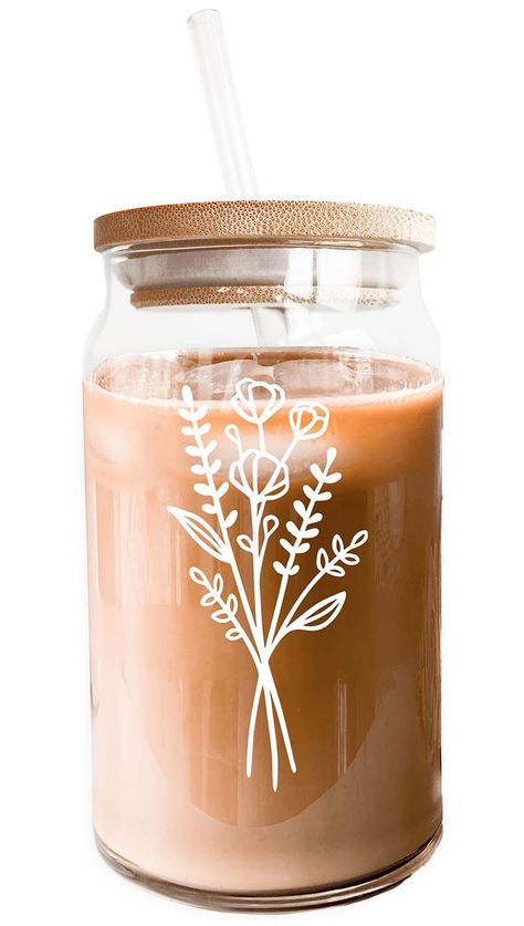 PRICES MAY VARY. ICED COFFEE GLASS: This 16 oz clear glass cup has an adorable wildflower-printed design in white vinyl on it. Each can-shaped glass comes with a bamboo lid and clear plastic straw, perfect for an on-the-go iced coffee. HIGH QUALITY GLASSWARE: Wildflower design is professionally printed on the iced coffee cup; it is NOT a sticker or vinyl! The bamboo lids for the glass includes a snug-fitting silicone rim, which seals your glass and prevents splashes. MULTIPLE WAYS TO USE: Fill y Tumbler Aesthetics, Gift Idea Aesthetic, Adhesive Vinyl Projects, Cricut Cups, Glass Tumbler Design, Can Water, Bridesmaids Proposal, Trendy Water Bottles, Idea Aesthetic