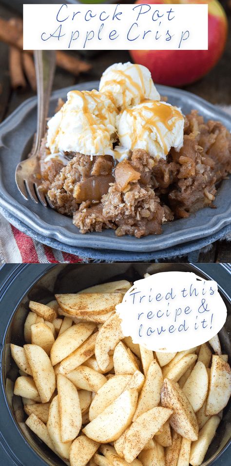 The best crock pot apple crisp! The apples are tender and full of cinnamon flavor and the oat topping is crunchy and buttery. Learn what type of apples to use and our trick for making crispy apple crisp in the slow cooker! #crockpotapplecrisp #slowcookerapplecrisp #applecrisp Crock Pot Apple Crisp, Slow Cooker Apple Crisp, Crockpot Apple Crisp, Apple Crisp Dessert, Best Apple Crisp Recipe, Vegan Apple Crisp, Crisp Desserts, Baked Apple Dessert, Caramel Apple Crisp