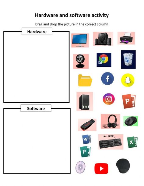 Hardware and software interactive worksheet Computer Hardware And Software, Hardware And Software Worksheet, Computer Activities For Kids, Computer Science Lessons, Teacher Data, Computer Teacher, Teaching Computers, Computer Lessons, Computer Learning