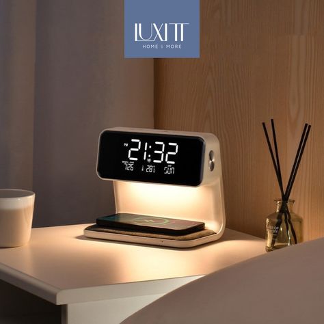 Bring technology to your home ✨ #chandelier #decor #homedesign #interior #luxury #modernbedroom #blackandwhite #lighting #interiordesign #homedecor #bedroominspo #monochrome #minimalist #decorinspo #contemporary Led Clock, Digital Clock, Nightstand Lamp, Room Decorations, Electrical Outlets, Phone Charger, Bedside Lamp, Charging Station, Modern Technology