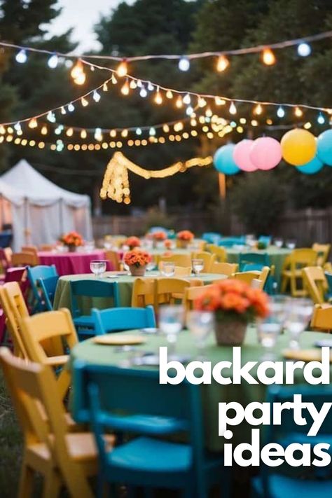 Unleash your creativity with DIY backyard party decorations. These easy-to-follow ideas will help you create a festive atmosphere that's both personal and budget-friendly. Outdoor Evening Party Backyards, Party Setup Backyard, Backyard Mexican Party Ideas, Colorful Backyard Party, Backyard Party Seating Ideas, Backyard Party Decorating Ideas, Diy Backyard Party Decorations, 30th Birthday Backyard Party Ideas, Backyard Party Set Up