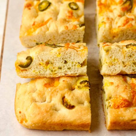 Jalapeno Cheddar Focaccia, Jalapeno Cheddar Focaccia Bread, Jalapeno Focaccia Bread, Crowd Meals, Foccacia Recipe, Crusty Bread Recipe, Simple Bread, Jalapeno Recipes, Focaccia Recipe