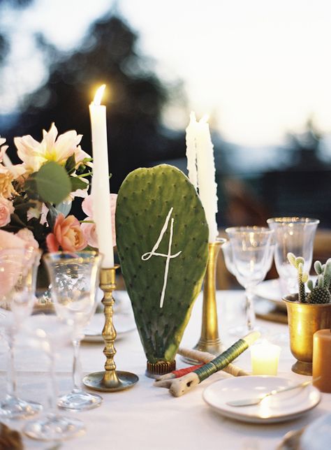 Wedding Trend Alert | Cactus Paddles | Prickly Pear Cactus | Bridal Musings Wedding Blog 2 Cactus Centerpiece, Unique Table Numbers, Candles And Flowers, Cactus Wedding, Pear Cactus, Boda Mexicana, Prickly Pear Cactus, Succulent Wedding, Bridal Musings