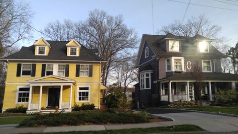 I adore these two houses next to each other. The dormer windows, the pillars on the porches... the yellow.. the purple.. West Orange Best Friend Houses Next To Each Other, Two Houses Next To Each Other, Houses Next To Each Other, Suburbia Aesthetic, Nyc Style, Dormer Windows, Book Talk, Aesthetic People, Nyc Fashion