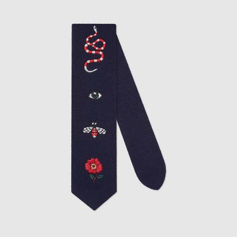 Shop the Embroidered wool tie by Gucci. A knitted wool tie embroidered with several motifs representing iconic codes of the House, including the Kingsnake, eye, bee and flower. Gucci Embroidery, Embroidered Tie, Ties Mens Fashion, Gucci Store, Prada Fashion, Luxury Ties, Gucci Gifts, Mens Ties, Wool Tie