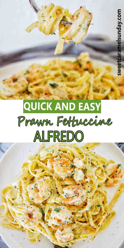 Fork holding prawn pasta above a white plate of the same. There is text written between 2 images. Prawn Alfredo Pasta, Fettuccine Recipes Easy, Prawn Tagliatelle Recipe, Prawn And Pasta Recipes, Prawn Recipes Pasta, Creamy Fettuccine Pasta, Creamy Prawn Pasta Recipe, Prawn Fettucine, Fettucine Recipes