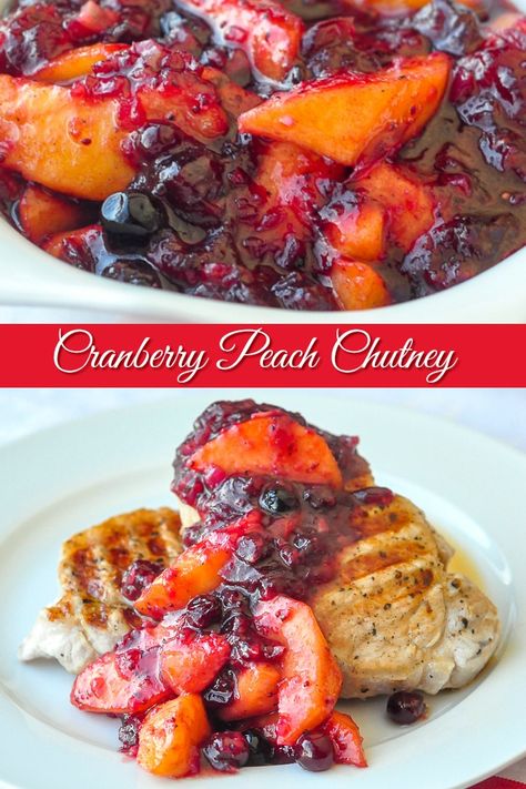 Pork Loin Chops with Cranberry Peach Chutney. A quick and easy version of chutney that's perfect to serve with quickly grilled pork chops for a flavour packed weekday dinner. Peach Chutney Recipes Pork Chops, Grilled Pork Loin Chops, Peach Chutney Recipes, Roasted Pork Chops, Grilled Pork Loin, Rock Recipes, Cranberry Chutney, Loin Chops, Weekday Dinner