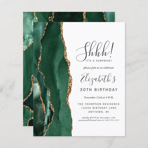 The left-hand edge of this elegant surprise birthday party invitation features an emerald green watercolor agate border trimmed with faux gold glitter. The customizable text combines handwriting, copperplate and italic fonts in charcoal gray on a white background. The reverse side features a matching emerald green and gold agate design. Birthday Party Green, 30th Birthday Outfit, Surprise 30th Birthday, Birthday Dinner Invitation, Surprise Party Invitations, Burgundy And Blush Wedding, Emerald Green And Gold, Green Invitations, Surprise Birthday Party