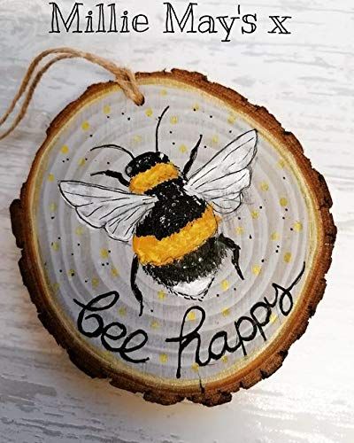 Bee Happy Painting, Log Slice Painting, Wood Slice Painting Ideas Easy, Log Painting Ideas, Ideas With Wood Slices, Log Slices Ideas, Log Slice Crafts, Wood Slice Art Paint, Wooden Plaque Ideas