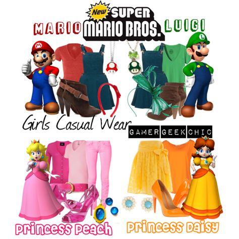 "Super Mario Bros. - Mario, Luigi, Princess Peach, & Princess Daisy" by gamer-geek-chic on Polyvore Super Mario Daisy Costume, Super Mario Bros Inspired Outfits, Princess Peach Casual Outfit, Yoshi Inspired Outfits, Super Mario Outfit, Daisy Costume Diy, Super Mario Bros Costumes, Princess Daisy Costume, Nintendo Cosplay