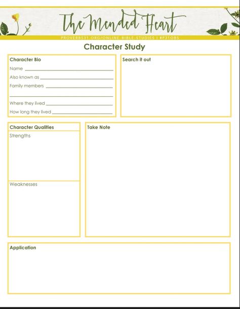 #BibleStudySkills {Character Study}: Use this FREE download and blog post to help walk you through the steps of doing a "Character Study." || click here to go to the P31 Online Bible Studies blog on #CharacterStudies --> https://proverbs31.org/online-bible-studies/2015/07/15/bible-study-skills-character-study/ #P31OBS Studying Scripture, Biblical Homeschooling, Bible Character Study, Bible Study Questions, Prayer Notebook, Jw Printables, Bible Study Materials, Bible Study Worksheet, Bible Study Template