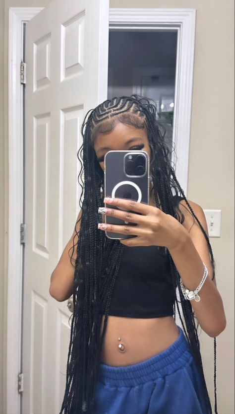 Frontal Wig Styles With Braids, Creative Knotless Braids, Hairstyles For 9th Grade, Spring Break Hairstyles For Black Women, Simple Braided Styles, Alisha Keys Braids, Braided Weave Hairstyles, Long Braid Hairstyles, Braid With Weave