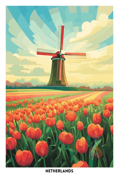 Europe Landscape Painting, Posca Inspiration, Netherlands Illustration, Tulip Fields Netherlands, Netherlands Poster, Tulips Field, Poster Examples, Netherlands Art, Dutch Culture