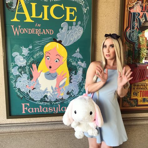 Alice in Wonderland disneybound. White rabbit backpack and lace front wig from amazon Alice In Wonderland Disneybound, Rabbit Backpack, Disney Bound Outfits Casual, Alice In Wonderland Disney, Disney Bound Outfits, White Rabbit, Lace Front Wig, Alice In Wonderland, Disney World