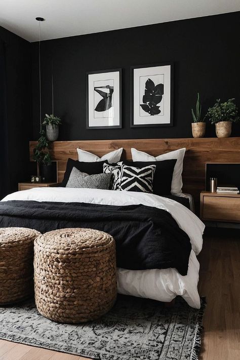 Simple Dark Bedroom Ideas, Black Bedroom With Wallpaper, Black Brown White Bedroom Ideas, Black Wall Wood Headboard, Moody Modern Bedroom Ideas, Black Feature Wall Bedroom Room Ideas, Bedroom Wood And Black, Black Decor For Bedroom, Black Walls With Curtains