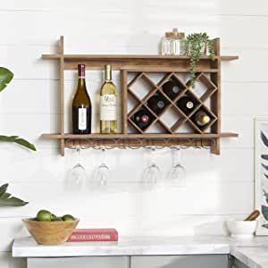 Deco 79 Wood Geometric 8 Bottle Slot Wall Wine Rack with 6 Glass Holder Slots, 34" x 8" x 20", Brown Farmhouse Wine Rack, Wood Wall Wine Rack, Wall Wine Rack, Wall Mounted Wine Rack, Wine Shelves, Wine Bottle Rack, Wood Wine Racks, Wine Rack Wall, Glass Rack