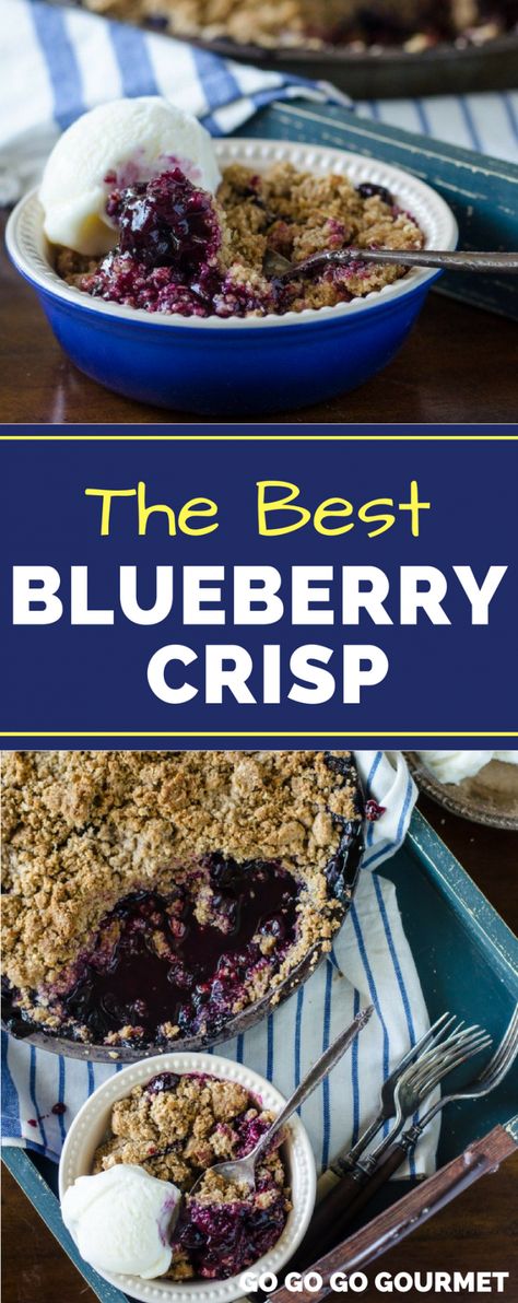 Move over Pioneer Woman, this is the BEST Blueberry Crisp recipe! Comparable to a cobbler, but with a delicious crumble on top, this dessert is perfect for summer! #bestblueberrycrisprecipe #blueberryrecipes #summerdessertrecipes #gogogogourmet via @gogogogourmet Haskap Recipes, Fresh Blueberry Recipes, Blueberry Crisp Recipe, Blueberry Desserts Recipes, Blueberry Cobbler Recipes, Blueberry Crisp, Blueberry Desserts, Blueberry Crumble, Easy Blueberry