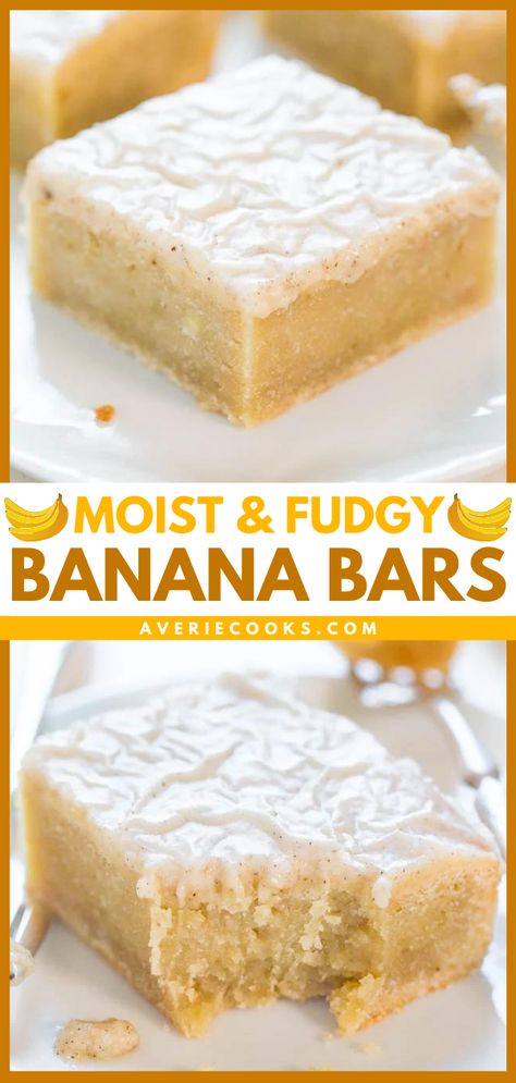 Ultra Fudgy Banana Bars (+ Vanilla Bean Glaze) - Averie Cooks Banana Blondies With Brown Butter Icing, Banana Blondies Recipe, Blondies Recipes, Banana Blondies, Easy Impressive Dessert, Banana Brownies, Banana Dessert Recipes, Banana Bars, Averie Cooks