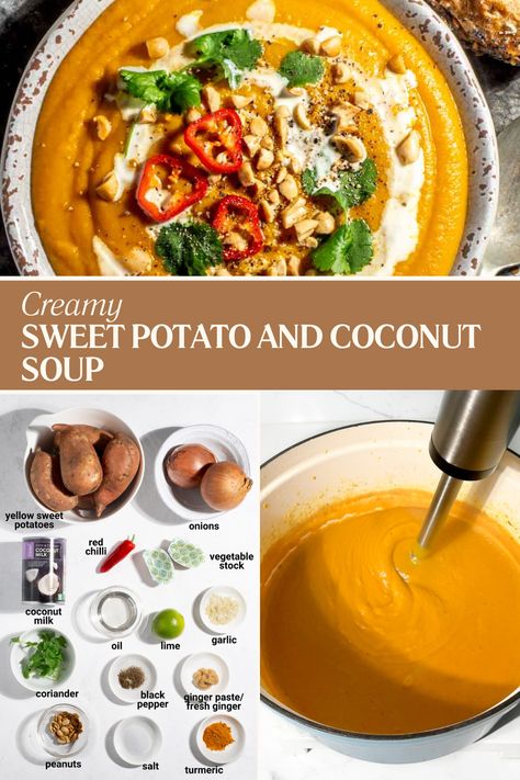 Sweet potato coconut and chilli soup in a soup bowl with a bowl of bread rolls on the side. Sweet Potato Peanut Soup, Sweet Potato Soup With Coconut Milk, Sweet Potato Coconut Soup, Chilli Soup, Caramelised Onions, Sweet Potato Soup Recipes, Coconut Milk Soup, Coconut Soup, Sweet Potato Soup