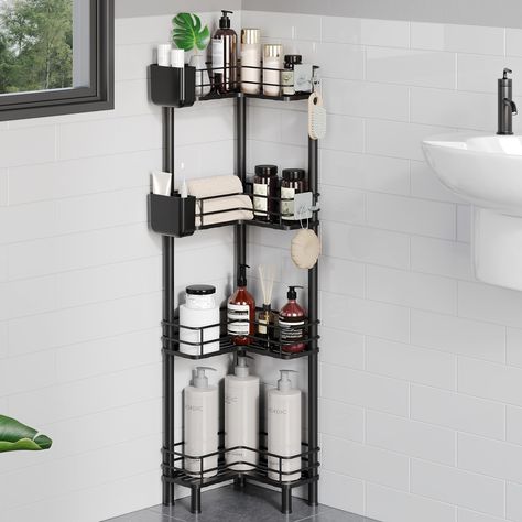 PRICES MAY VARY. 【Extremely Sturdy】The L-shaped bathroom shelves with 5 pillars at the bottom, combined with adhesive tape with hooks makes the corner shower organizer extremely sturdy, without worrying about the shelf tipping, allowing you to enjoy the shower moment. 【Large Layer Spacing】The height between each shelf is 12.6 inches, large spacing allows you to put down taller bottles without being limited by the height of the shelves. 【Toothbrush Holder ＆ Premium Hooks】The additional storage ho Shower Storage Solutions, L Shaped Bathroom, Shower Cabinets, Hooks For Bathroom, Shower Organizer, 5 Pillars, Corner Shower Caddy, Standing Shower, Simple Bathroom Decor