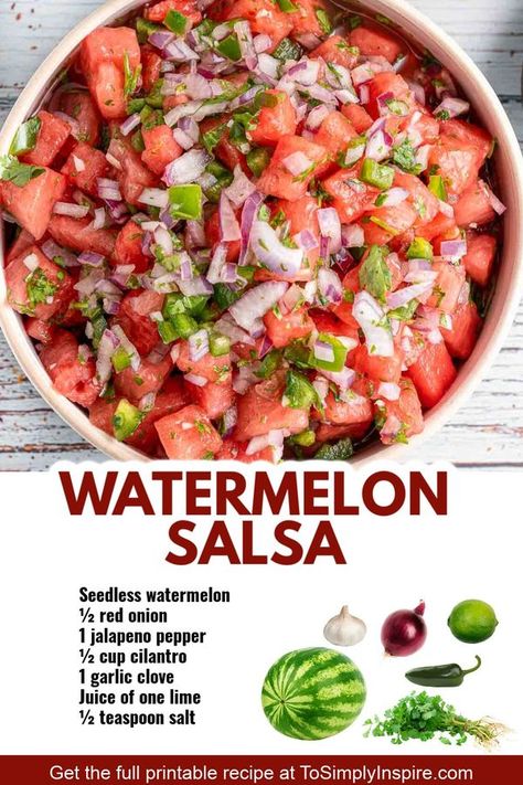 Easy Recipes Group | RECIPE: https://www.tosimplyinspire.com/watermelon-salsa.html This fresh watermelon salsa recipe is refreshing twist on a classic salsa | Facebook Interesting Salads, Watermelon Salsa Recipe, Healthy Dip, 2023 Board, Camp Snacks, Watermelon Salsa, Veg Food, Healthy Dips, Watermelon Salad